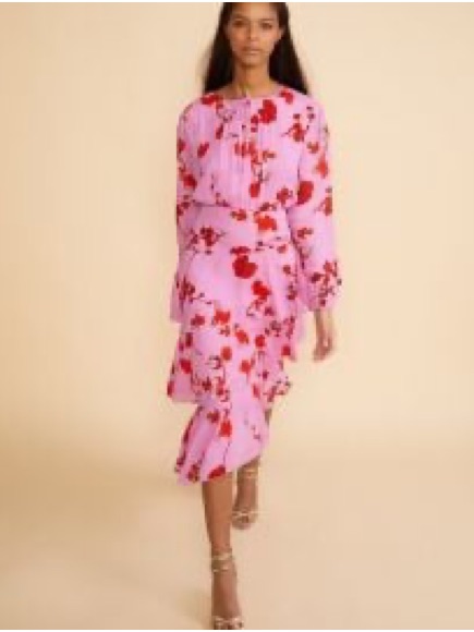 Cynthia Rowley Size 4 Floral Pink Long-Sleeve Ruffle Midi Dress Like New